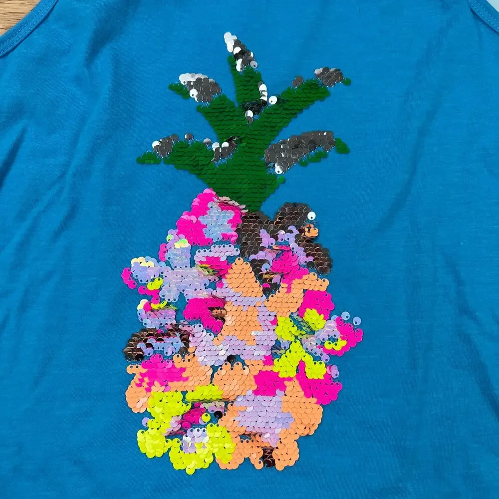 Cat & Jack Girls' Turquoise Blue Flip Sequin Pineapple Tank Top - Large - NWT